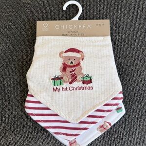 Chick Pea My first Christmas Festive Bear Bandana 3 pack Bibs - Cream and Red